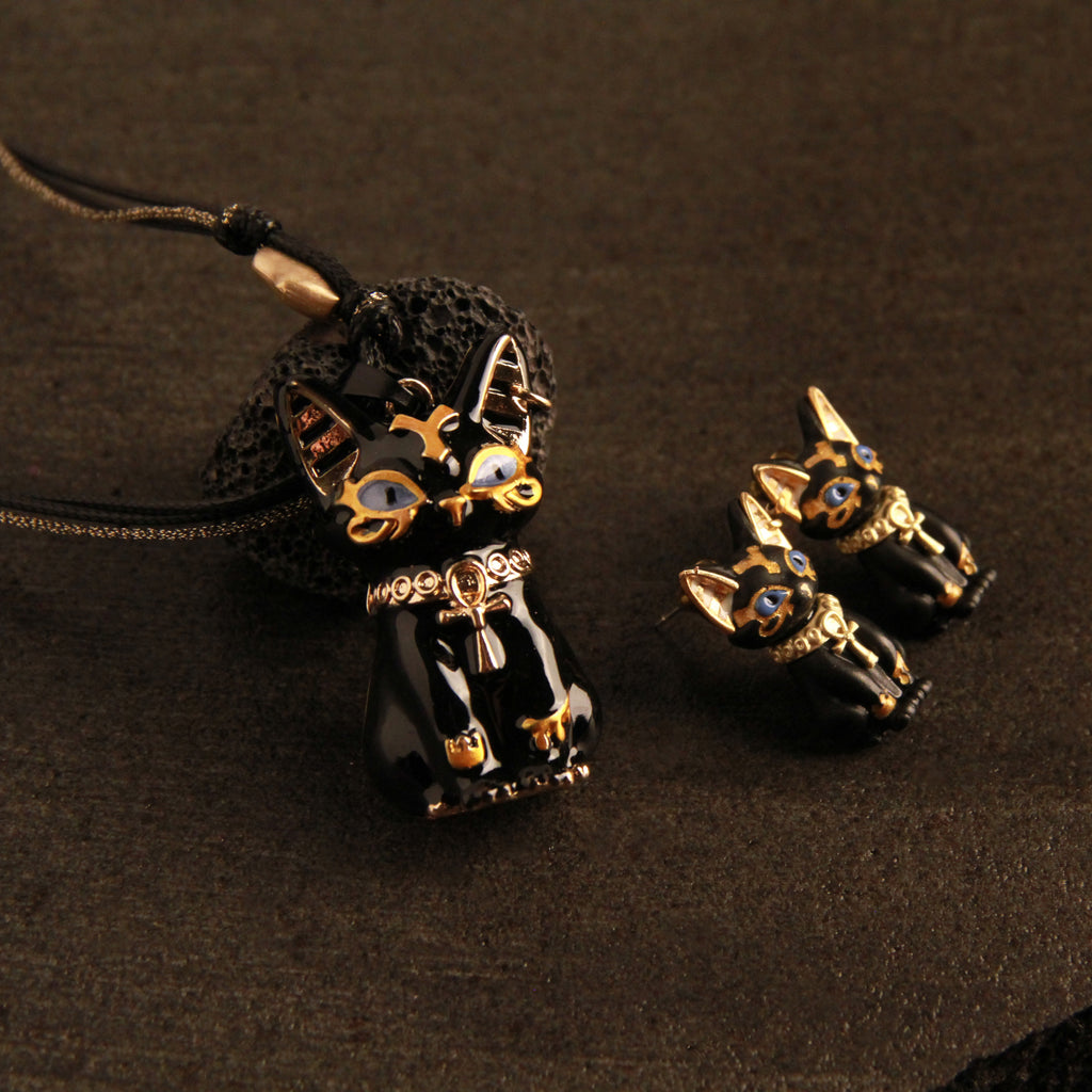 Black  Egyptian-style cat jewelry set with necklace and earrings, unique gift for cat lovers with custom photo and message card