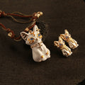 white Egyptian-style cat jewelry set with necklace and earrings, unique gift for cat lovers with custom photo and message card