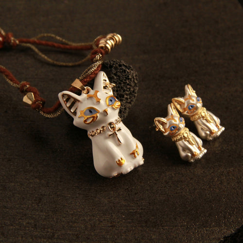 white Egyptian-style cat jewelry set with necklace and earrings, unique gift for cat lovers with custom photo and message card