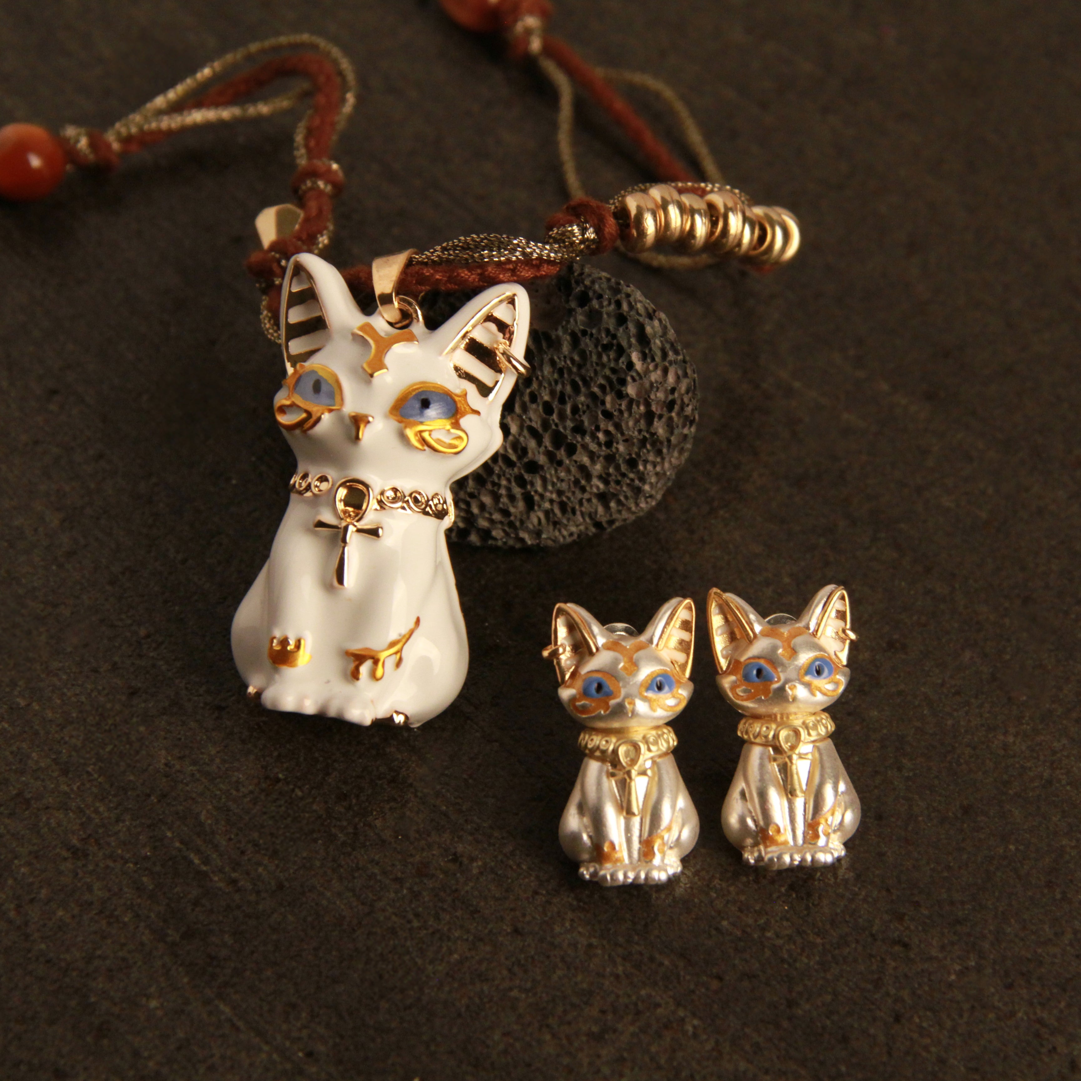 white Egyptian-style cat jewelry set with necklace and earrings, unique gift for cat lovers with custom photo and message card
