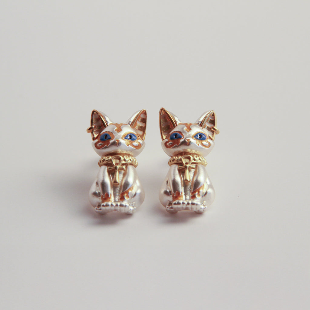 White cat earrings with Egyptian-inspired details, unique jewelry for women
