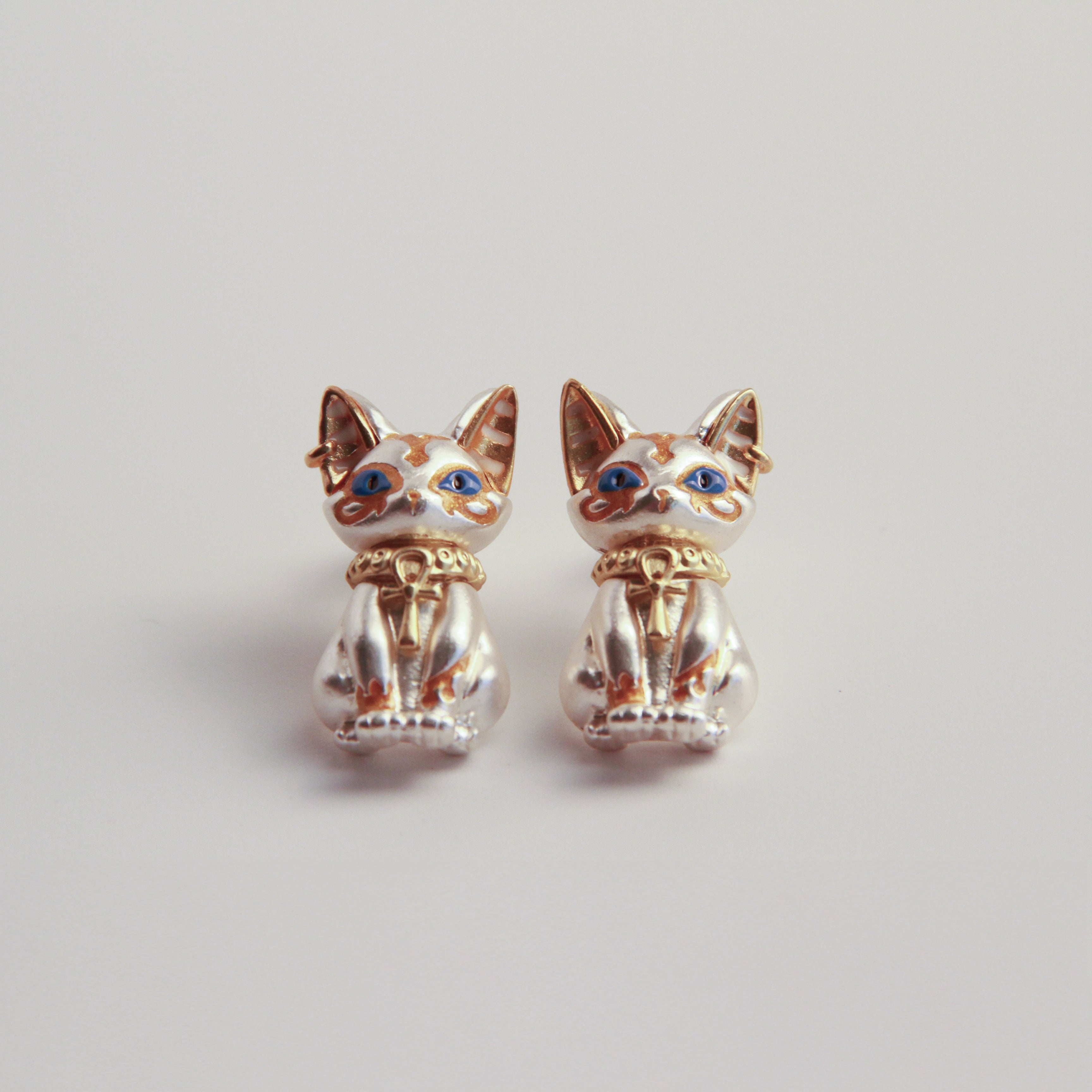White cat earrings with Egyptian-inspired details, unique jewelry for women
