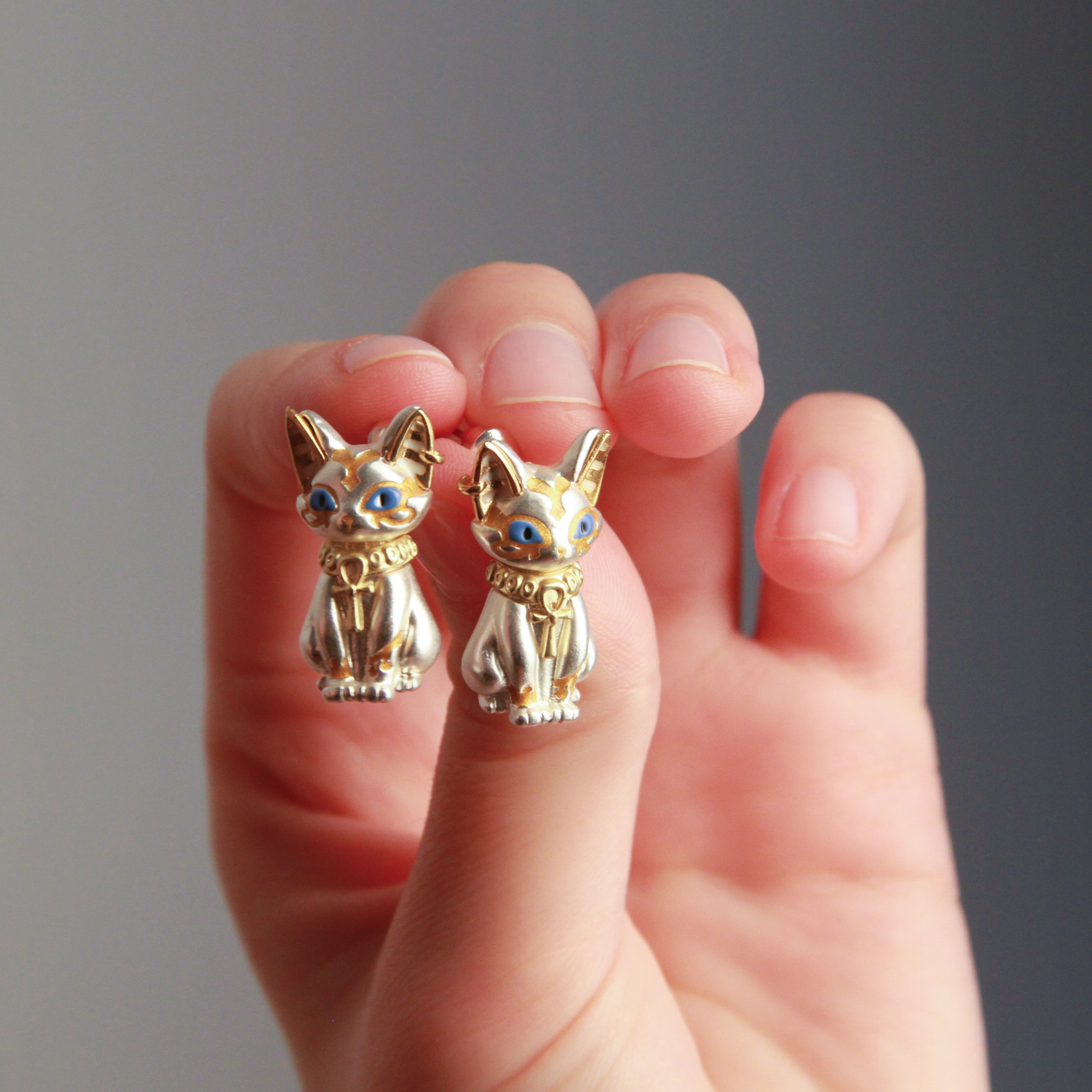 White cat earrings with Egyptian-inspired details, unique jewelry for women

