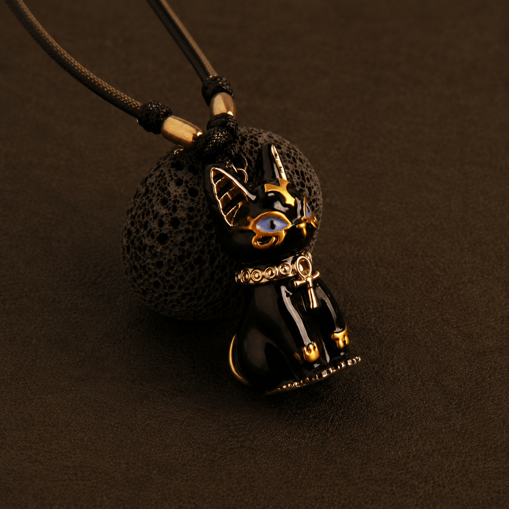 Black and gold cat-shaped pendant on a dark background