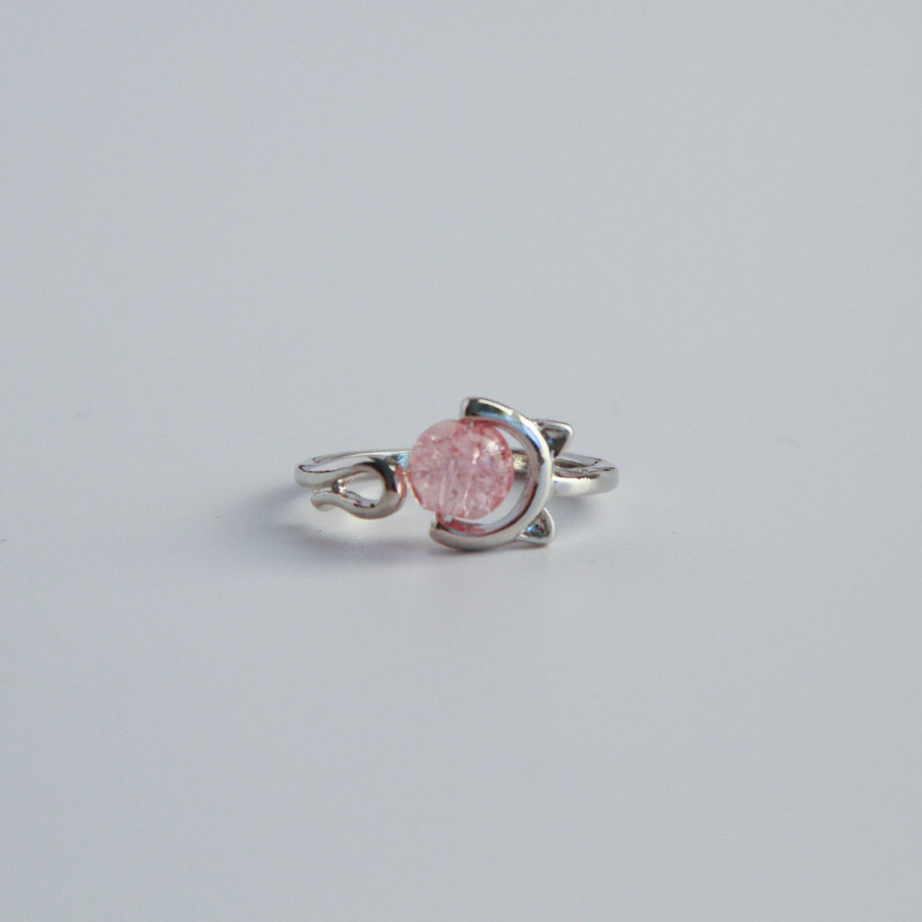 Adjustable silver cat ring with pink stone detail and minimalist cat design, elegant jewelry for women
