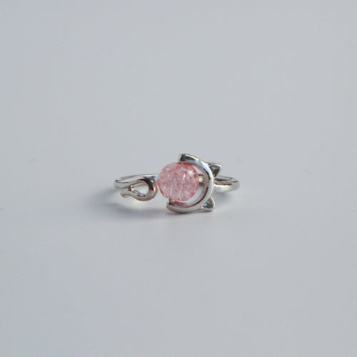 Adjustable silver cat ring with pink stone detail and minimalist cat design, elegant jewelry for women