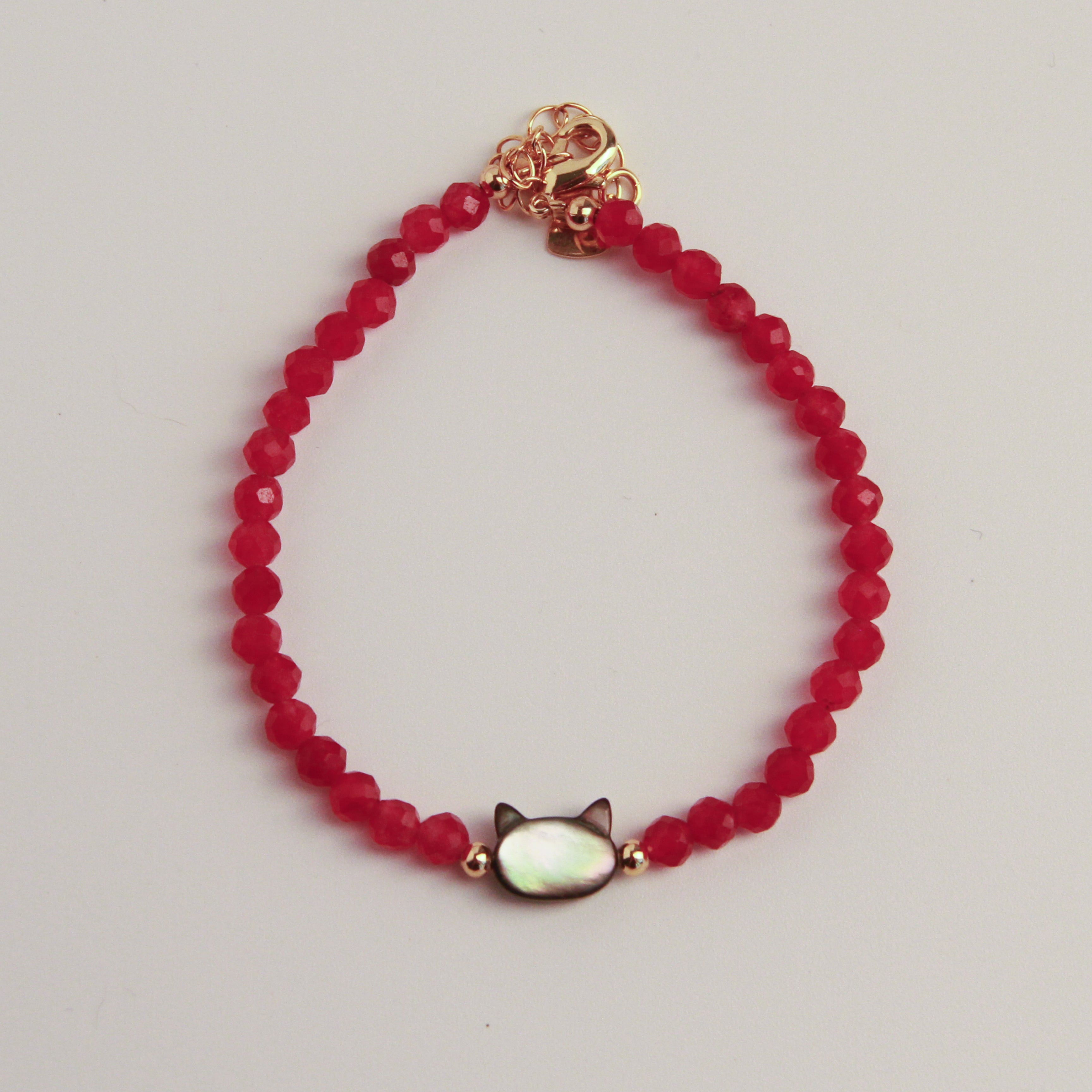 Silver cat bracelet with red stone cat charm and beaded design, minimalist jewelry for cat lovers
