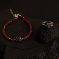 Elegant silver cat jewelry set with ring and bracelet featuring red stone, refined gift for cat lovers with custom photo and message card