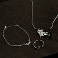 Cute silver cat jewelry set with necklace, bracelet and ring, playful gift for cat lovers with custom photo and message card