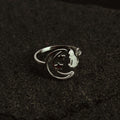 Minimalist silver cat ring with crescent moon design, adjustable statement jewelry for everyday wear