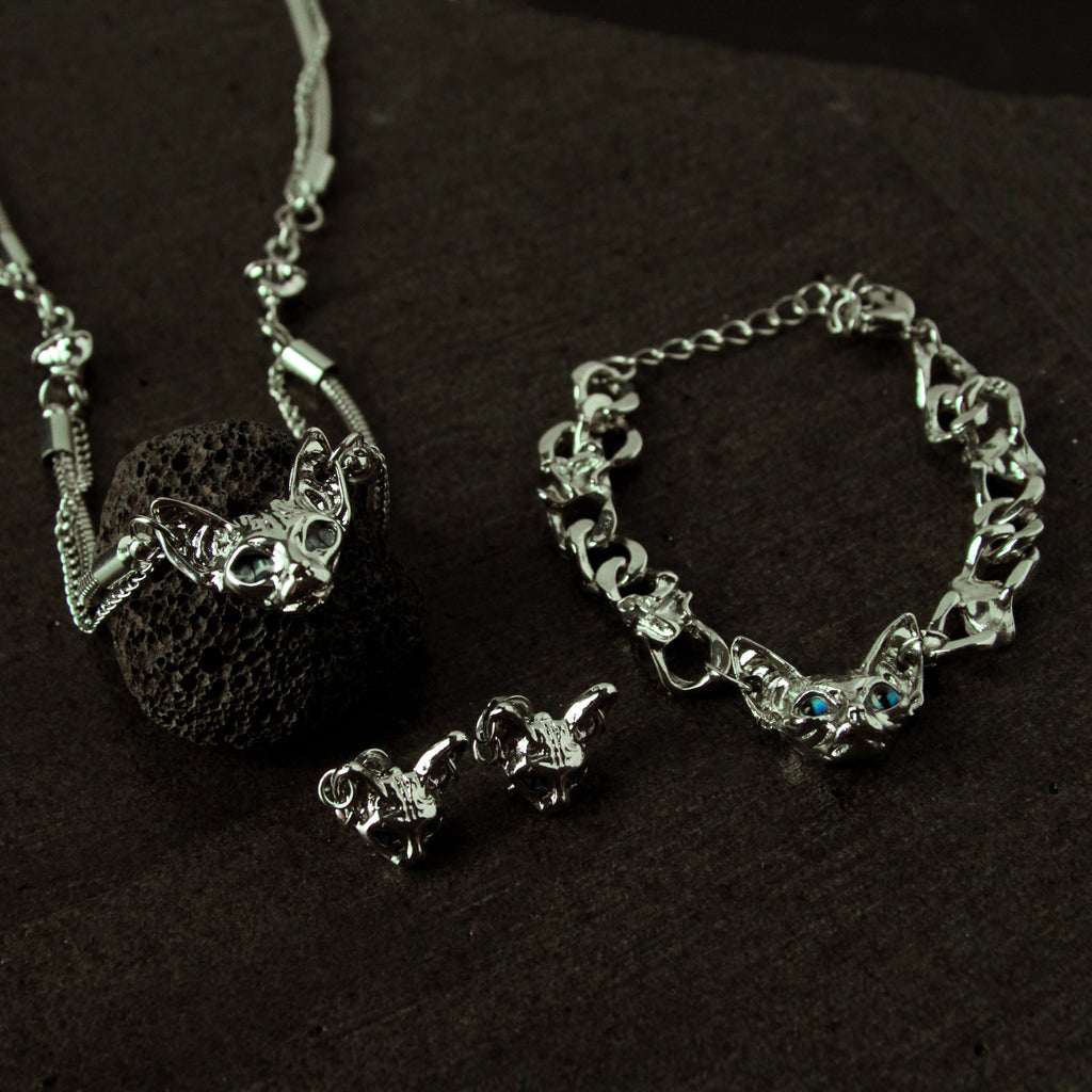 Silver Sphynx-inspired cat jewelry set with necklace, bracelet and earrings, bold statement gift for cat lovers with custom photo and message card1