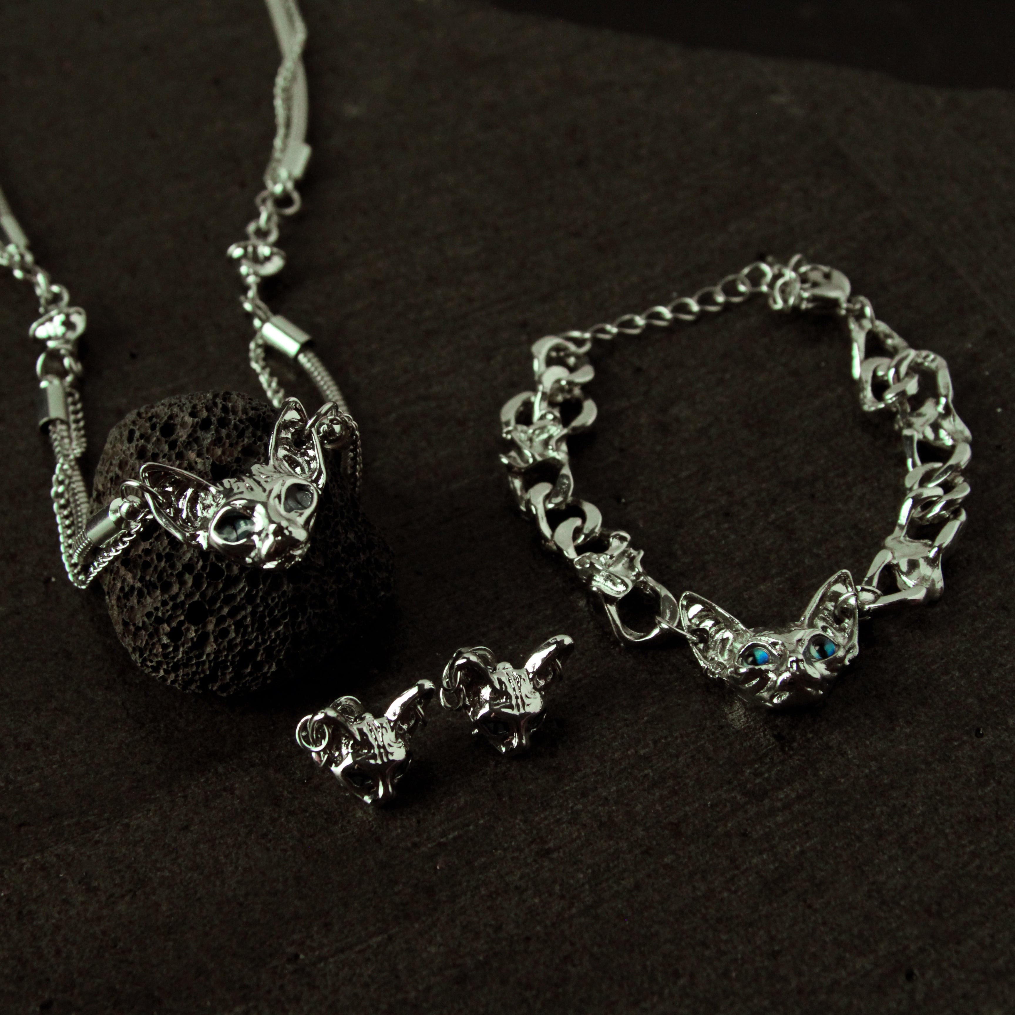 Silver Sphynx-inspired cat jewelry set with necklace, bracelet and earrings, bold statement gift for cat lovers with custom photo and message card1