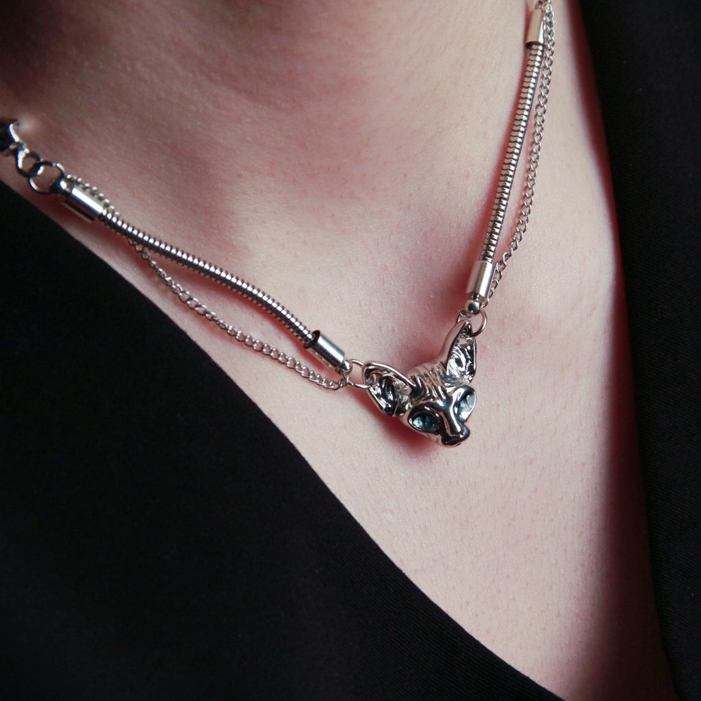 Silver cat necklace with Sphynx-inspired cat head pendant, bold statement jewelry2
