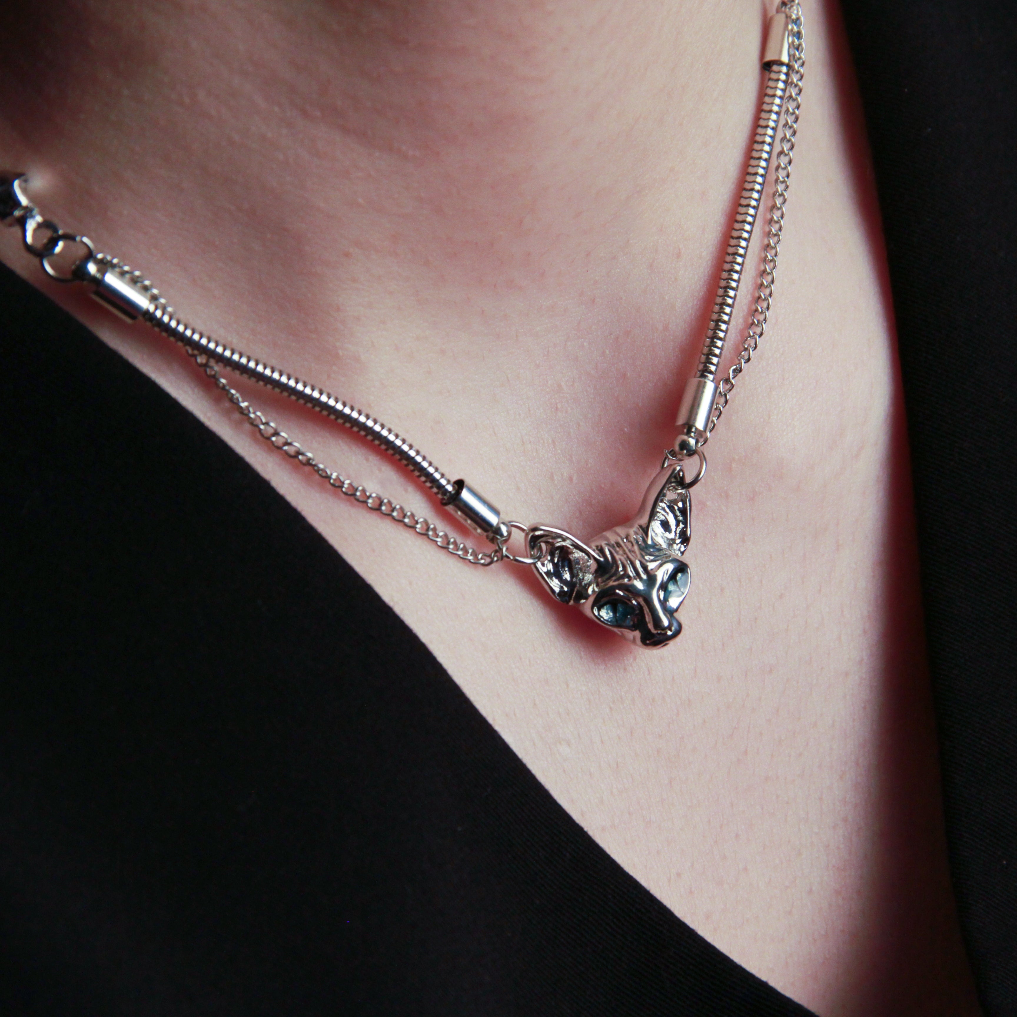 Silver cat necklace with Sphynx-inspired cat head pendant, bold statement jewelry2
