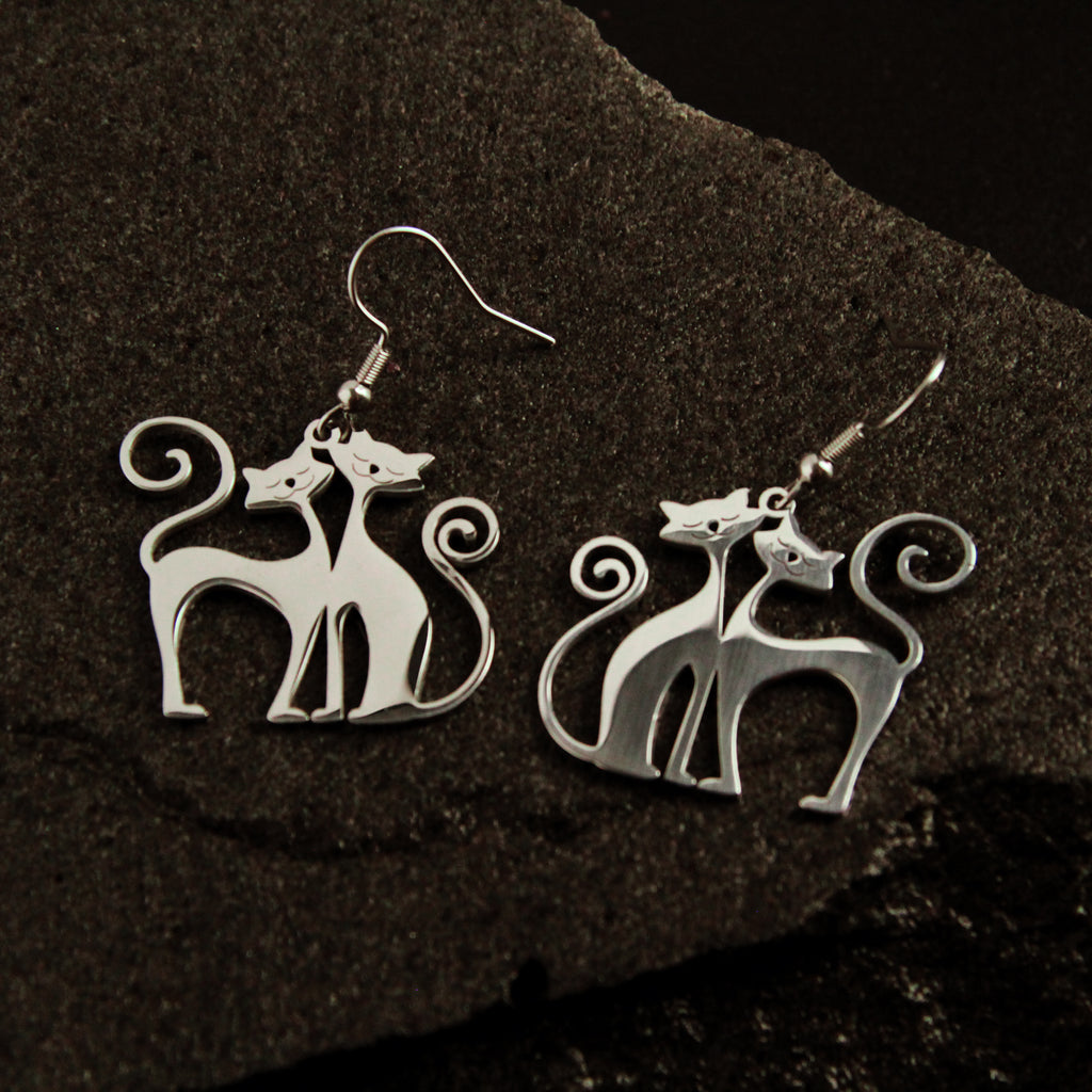 Close-up of Twin Soul Cat Earrings silver cat earrings