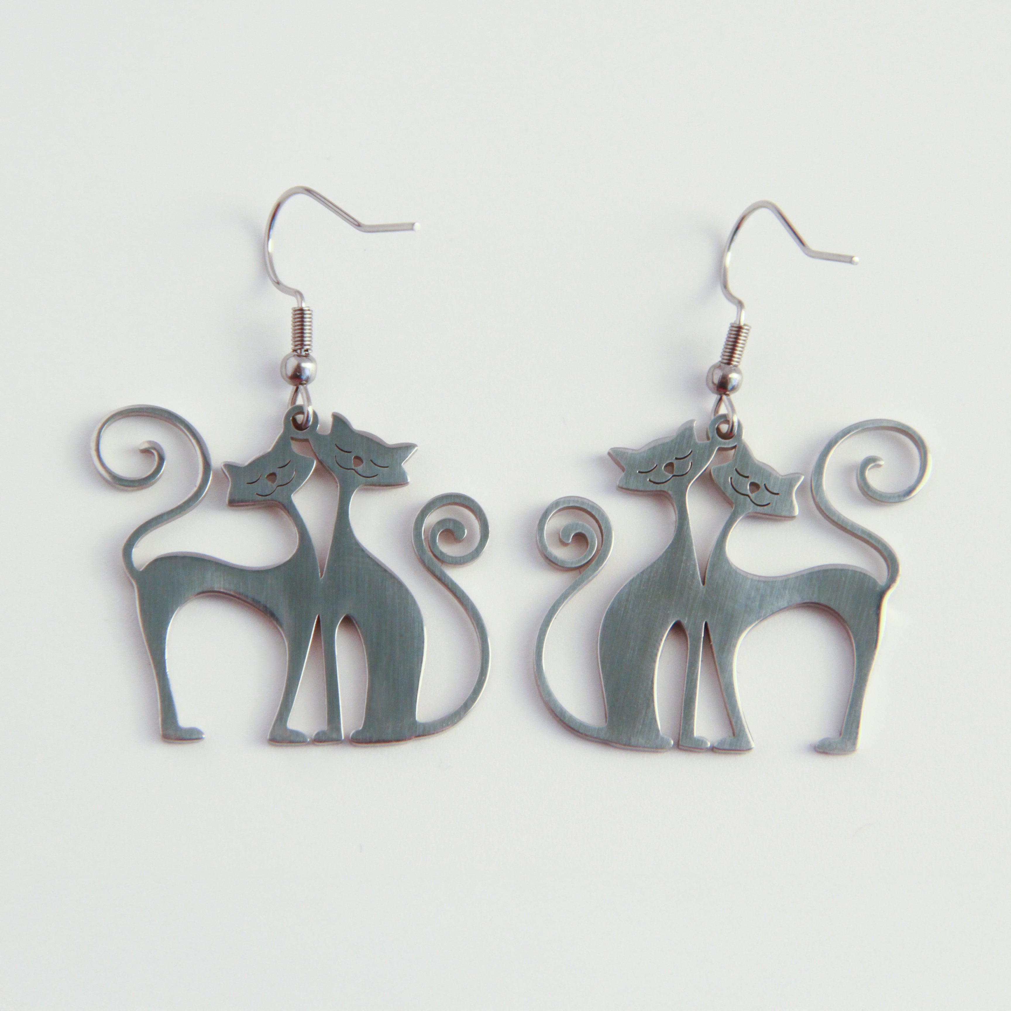 Twin Soul Cat Earrings silver double cat dangle earrings