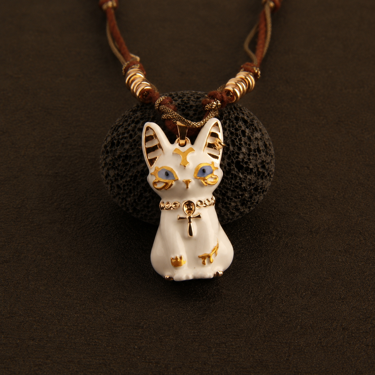 White Bastet cat necklace with blue eyes and gold Egyptian-inspired details