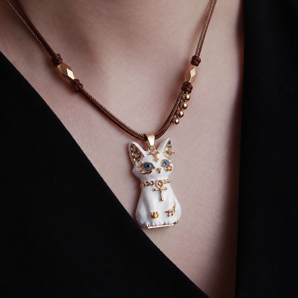 Close-up of white Bastet cat necklace with blue eyes and ankh pendant