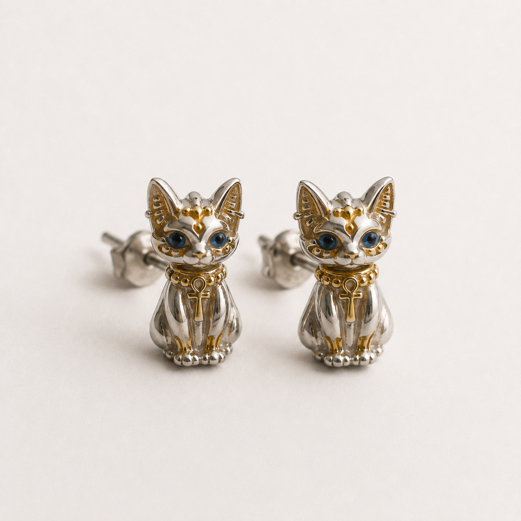 Egyptian cat inspired Bastet earrings in silver and gold