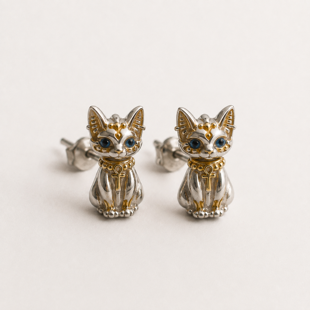 Egyptian cat inspired Bastet earrings in silver and gold