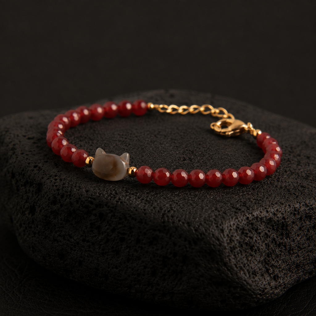 Red faceted bead bracelet with a cat charm and gold accents displayed on a black textured stone.