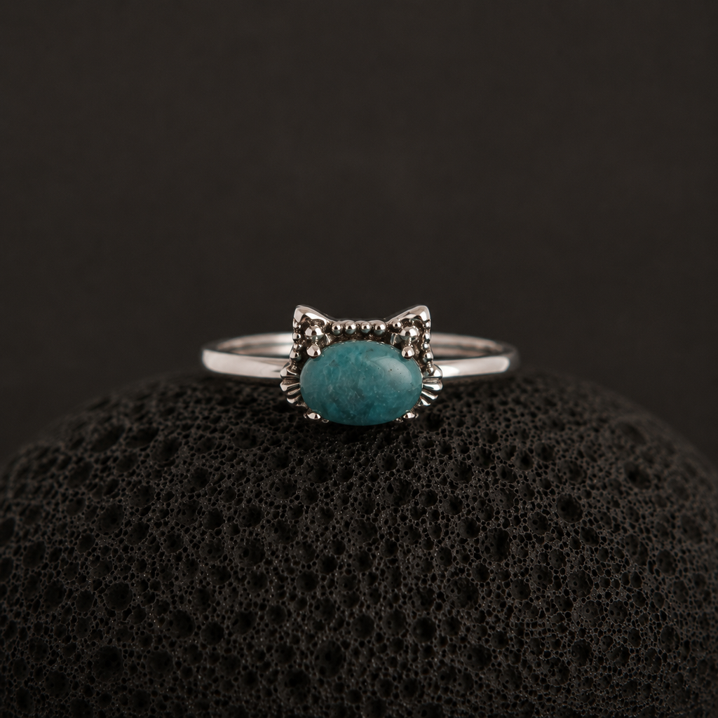 cat shaped ring with malachite natural green stone