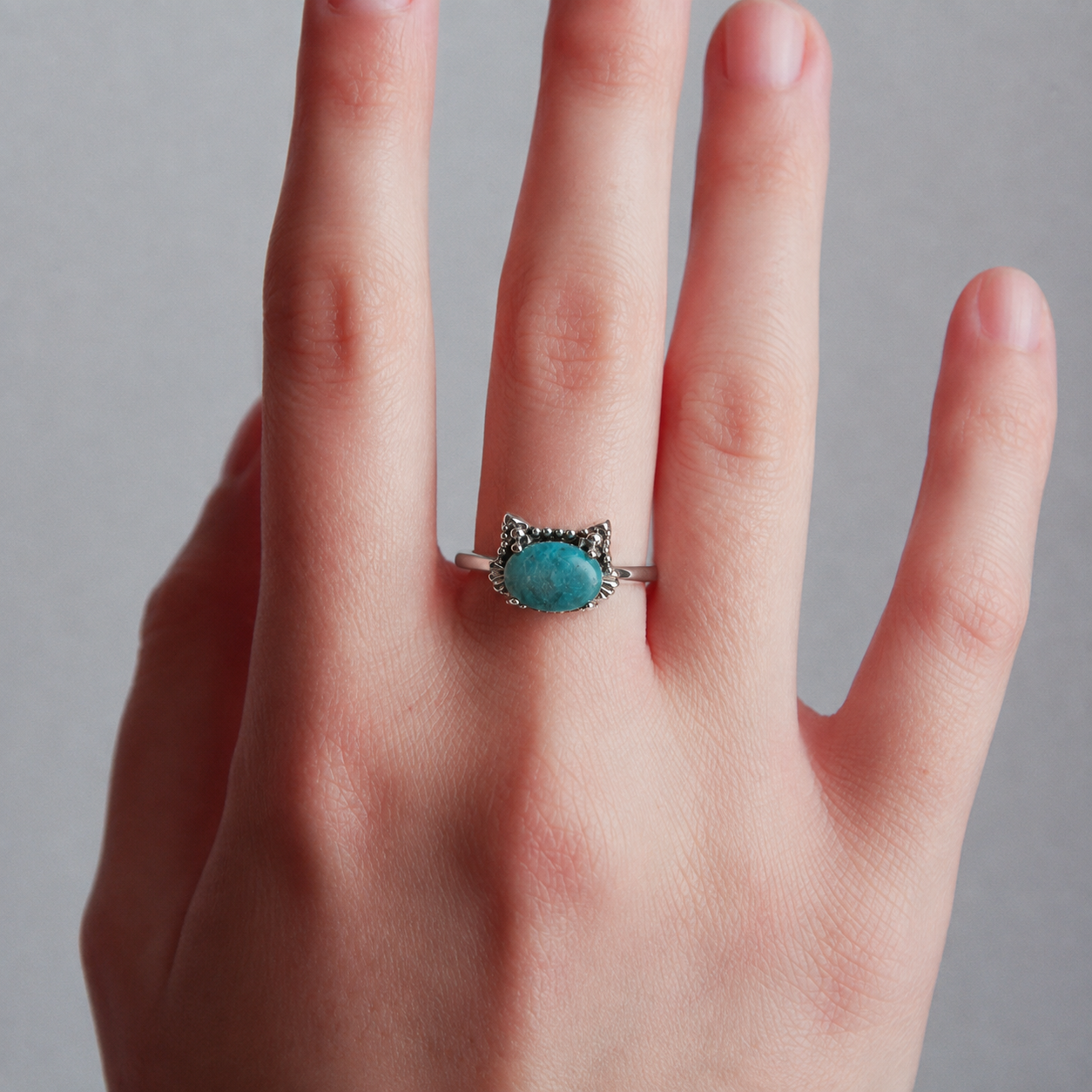 cat shaped ring with malachite natural green stone