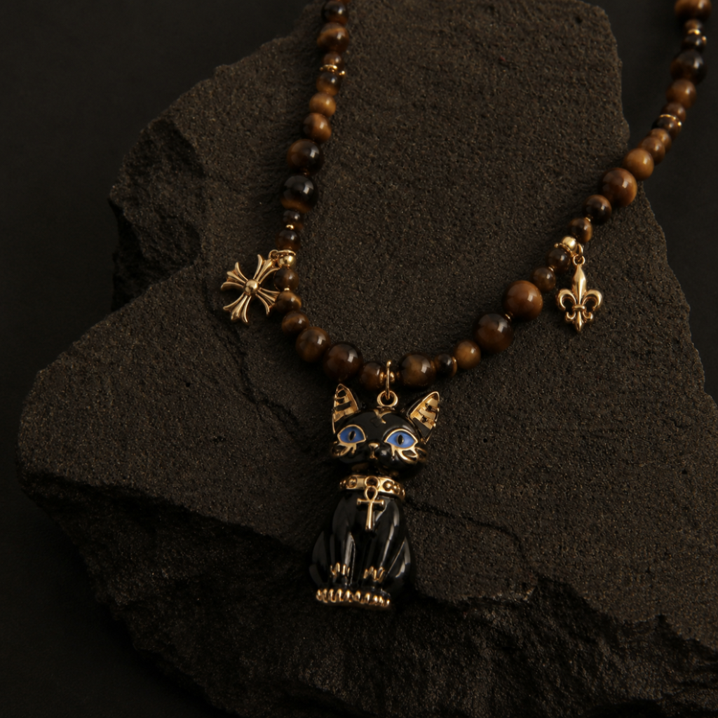 A gothic-style beaded necklace with brown wooden beads, gold-toned accents, and a black cat pendant with blue enamel eyes, displayed on a dark textured rock.