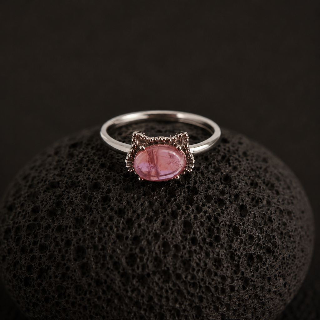 Silver ring with a pink gemstone on a black textured surface
