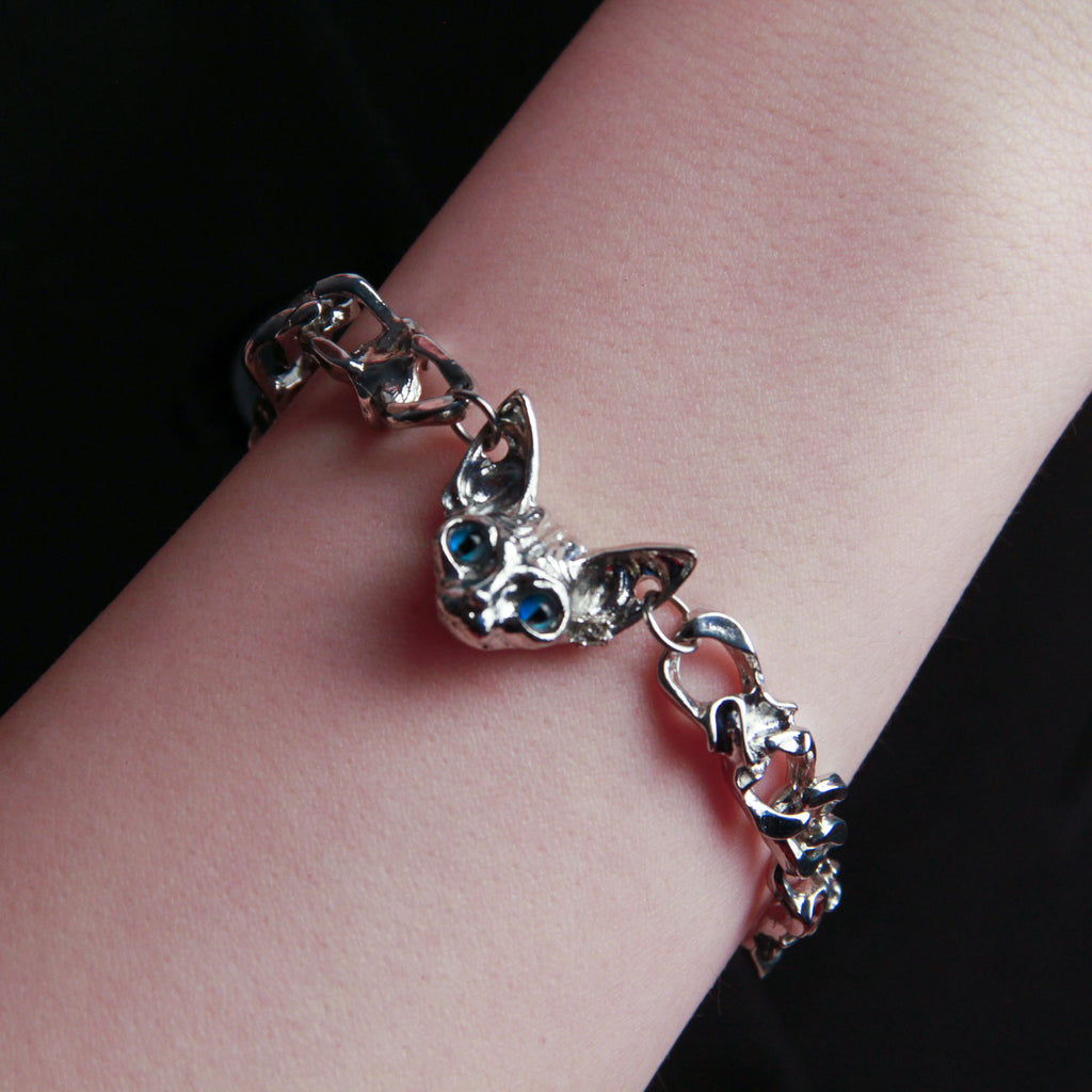 Sphynx Guardian Bracelet with silver cat charm and blue eyes