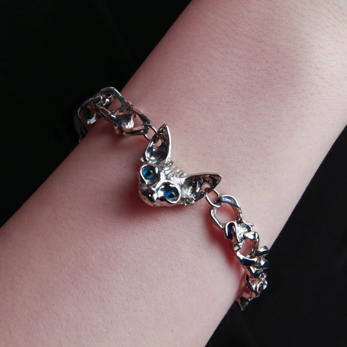 Sphynx Guardian Bracelet with silver cat charm and blue eyes